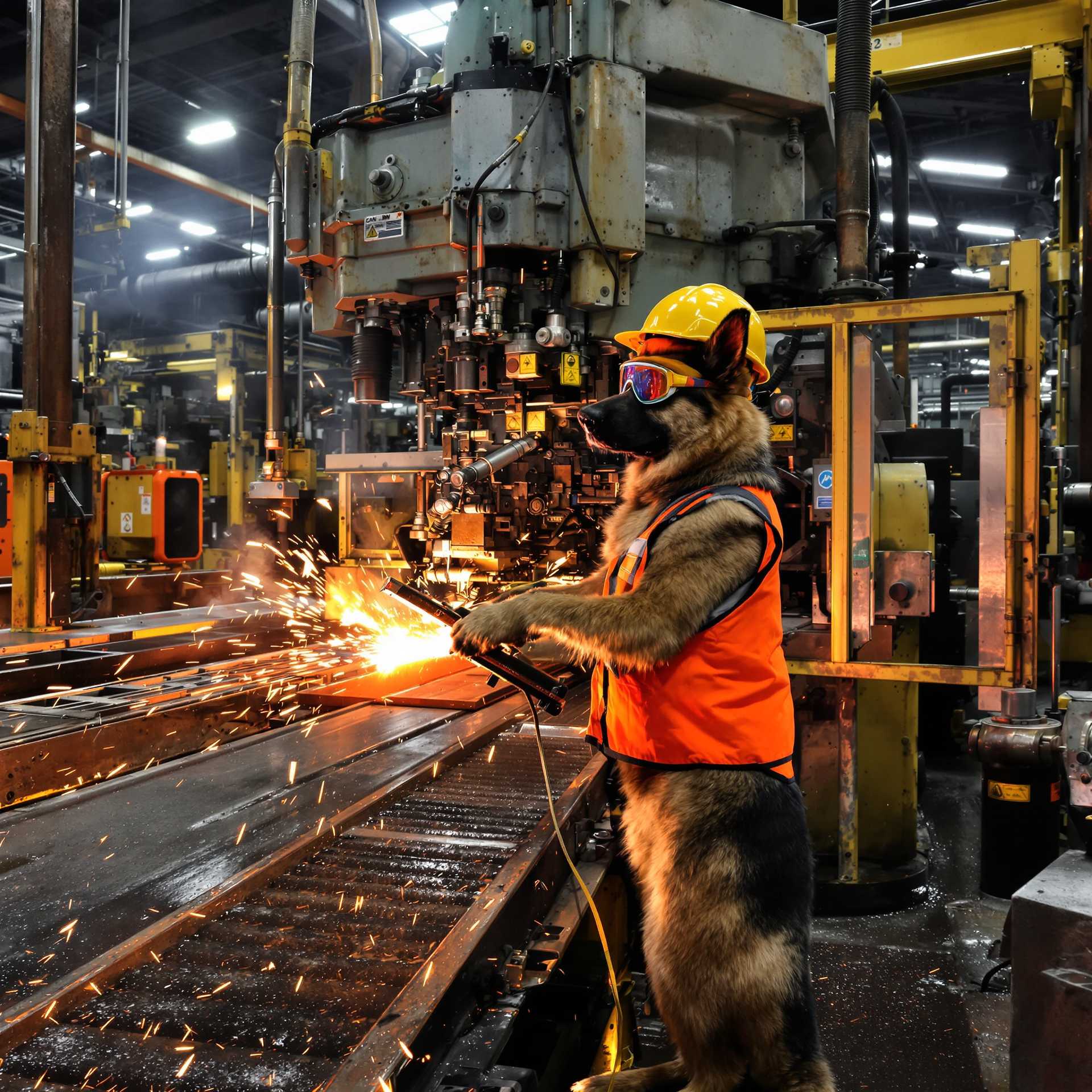 A muscular German Shepherd with sleek black-and-tan fur and alert ears stands on its hind legs as a dedicated factory worker, wearing a yellow hard hat, safety goggles, and orange hi-vis vest while expertly operating a massive industrial welding machine amid sparks and molten metal. The gritty factory interior buzzes with conveyor belts hauling steel parts, rusted machinery, and oily concrete floors under harsh overhead fluorescent lights that cast dramatic shadows and golden highlights on wet surfaces. Photorealistic photograph captured with a Canon EOS 5D Mark IV, 35mm lens, shallow depth of field blurring the background, ultra-high resolution, intricate fur textures, and lifelike industrial details.