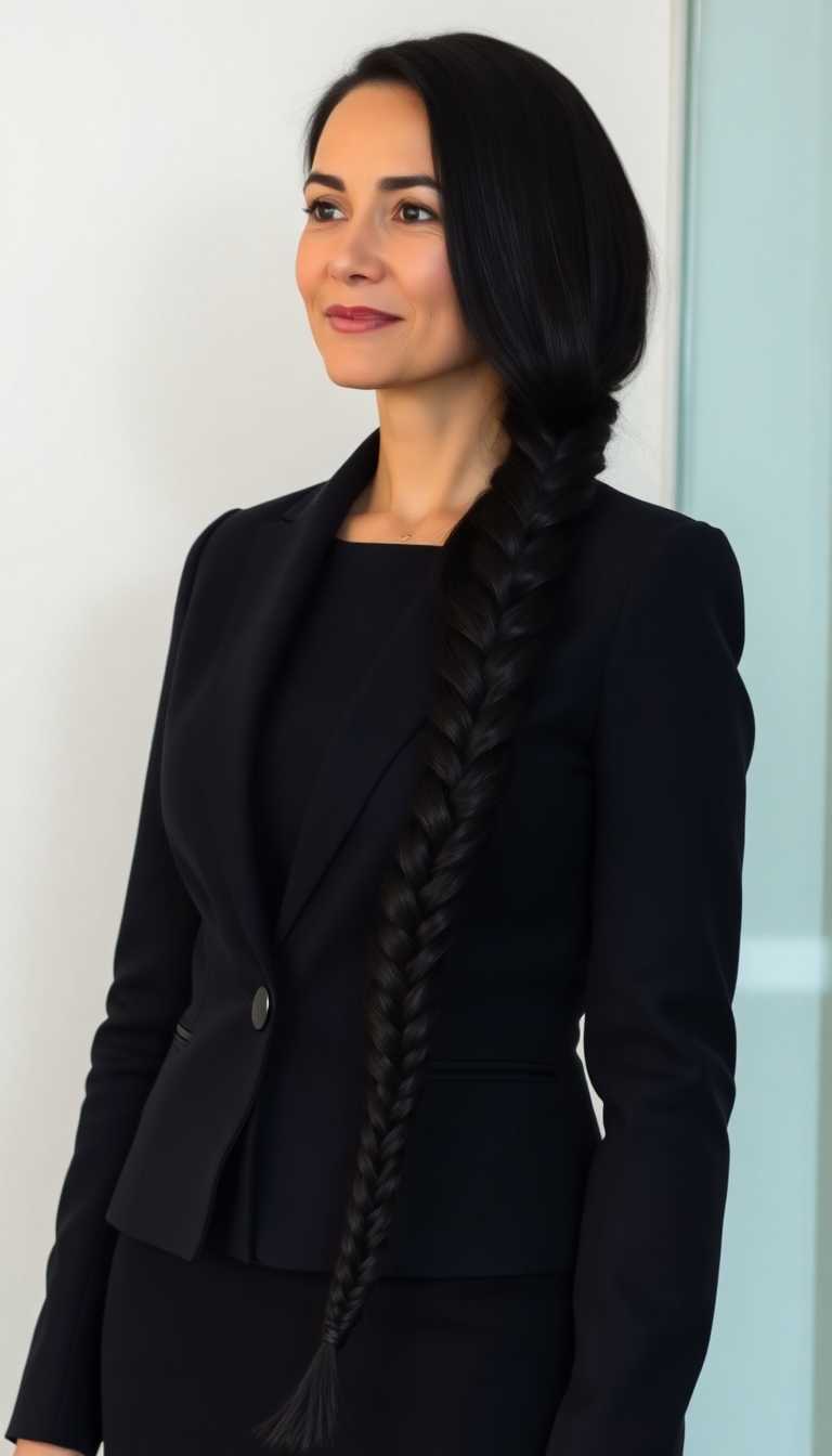 AI-generated image: Tall, thin mature woman in her mid 40s. Long black hair, bound in a neat braid to her waist. Dressed in a conservative d...