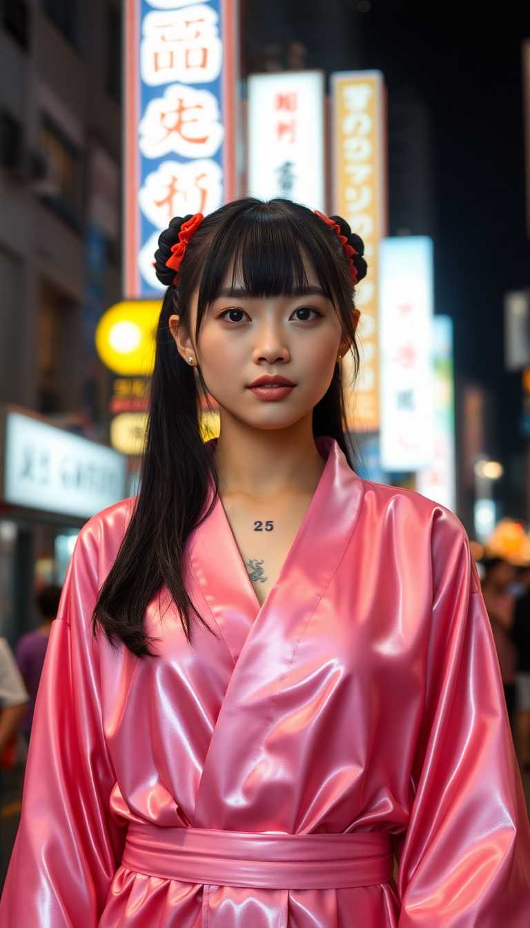 AI-generated image: 25 year old, Japanese woman. Long black hair in pigtails and straight bangs. Dressed in a shiny pink and red latex kimon...