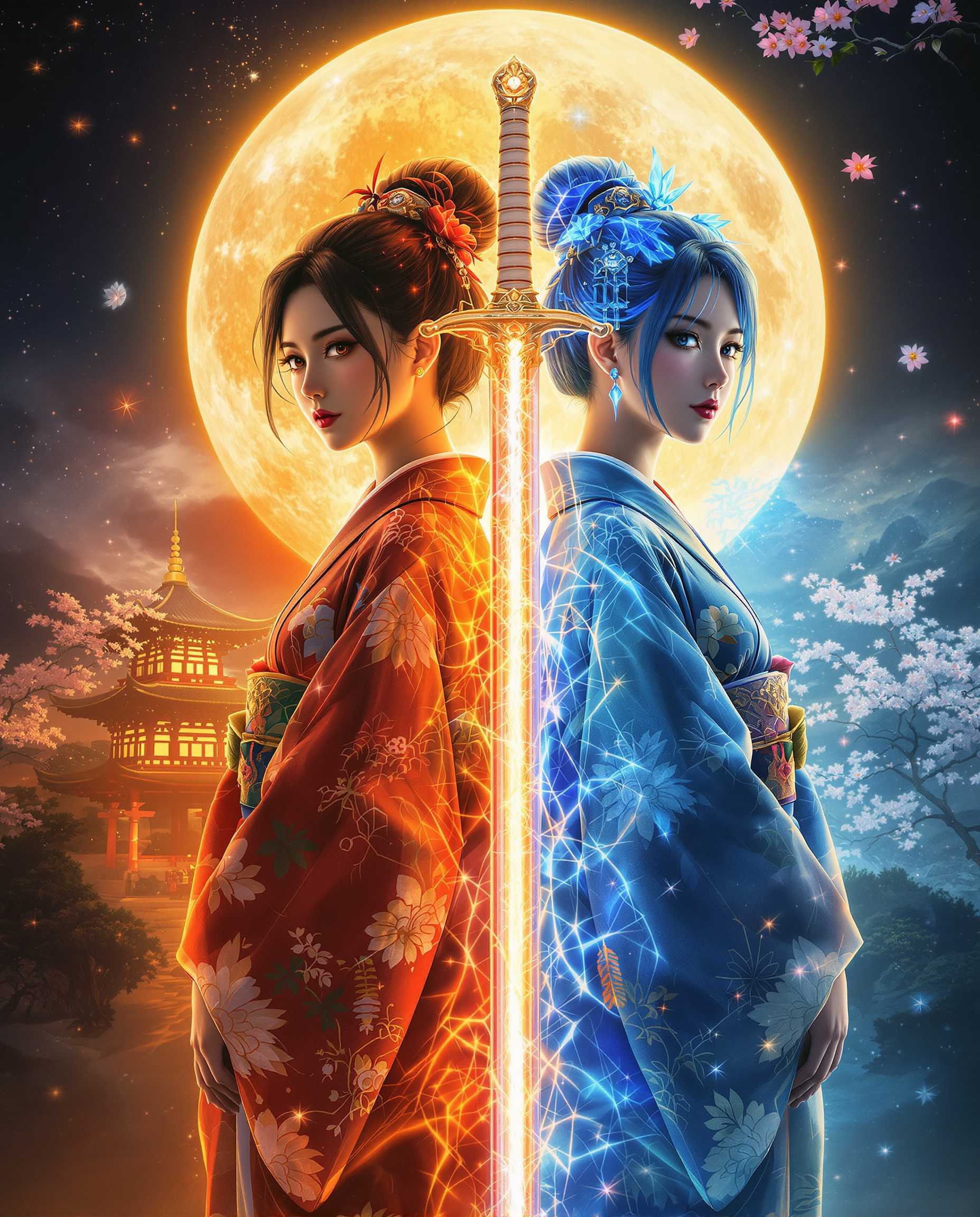 AI-generated image: A stunning digital painting captures two female figures standing back-to-back, each embodying a distinct elemental force...