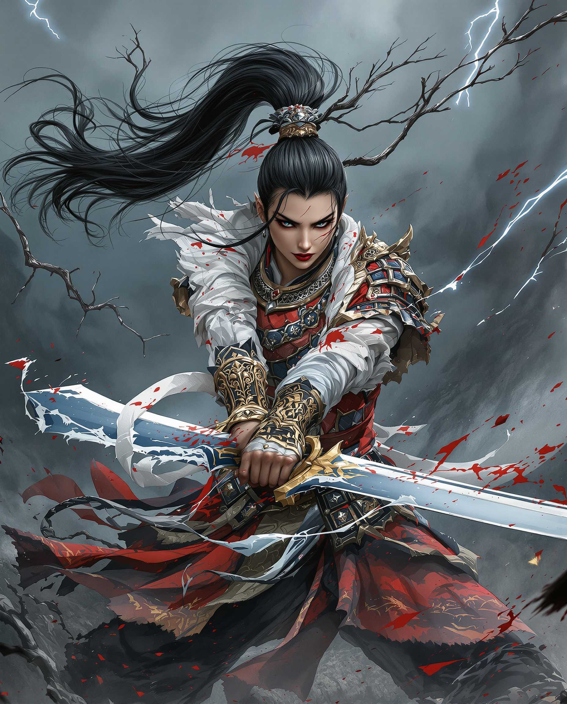 AI-generated image: A close-up highly detailed photograph of a fierce female warrior in ancient Chinese-inspired armor, mid-swing with a mas...