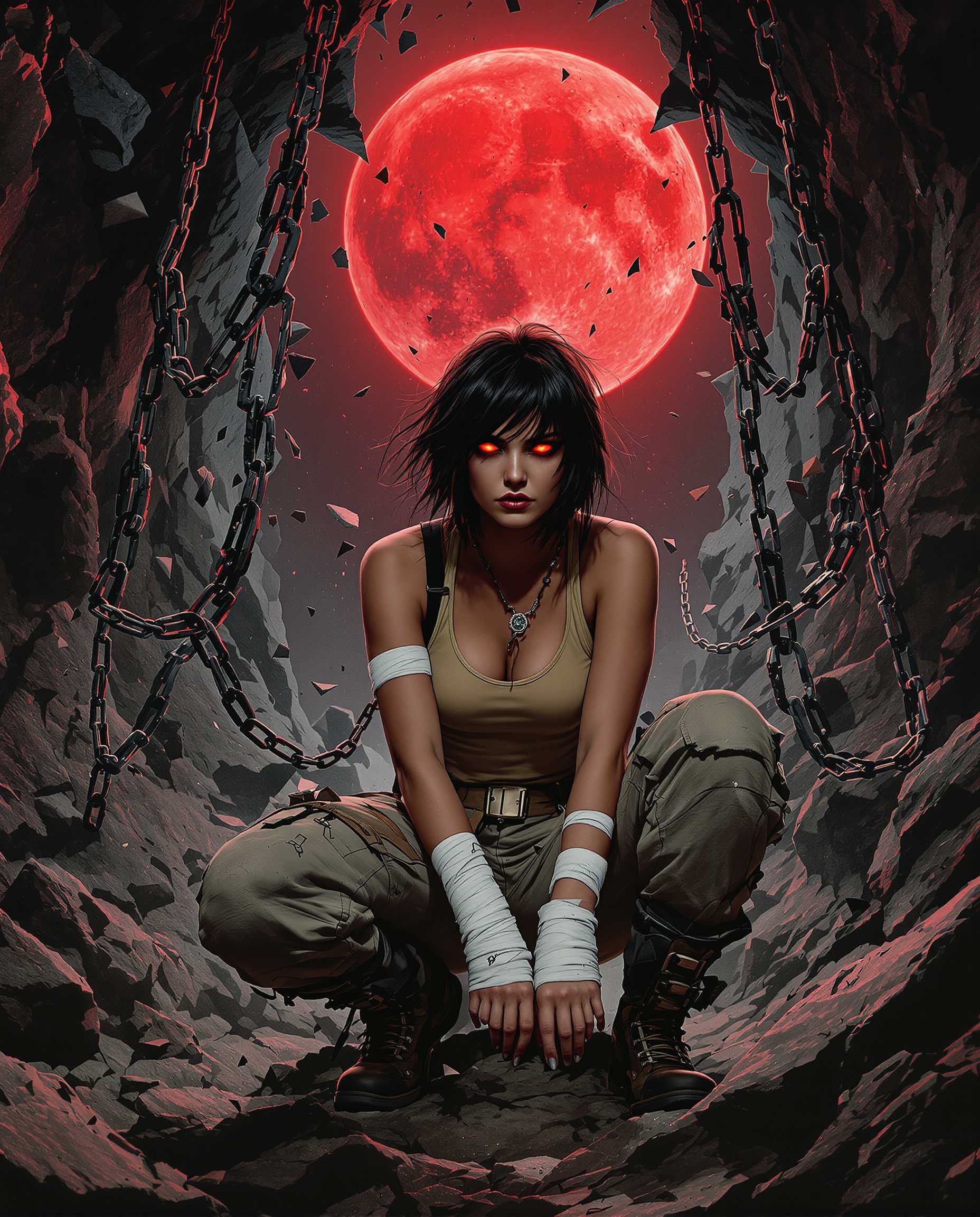 AI-generated image: A highly detailed realistic photo (photograph) of a female real person in a dark, atmospheric comic book style reminisce...