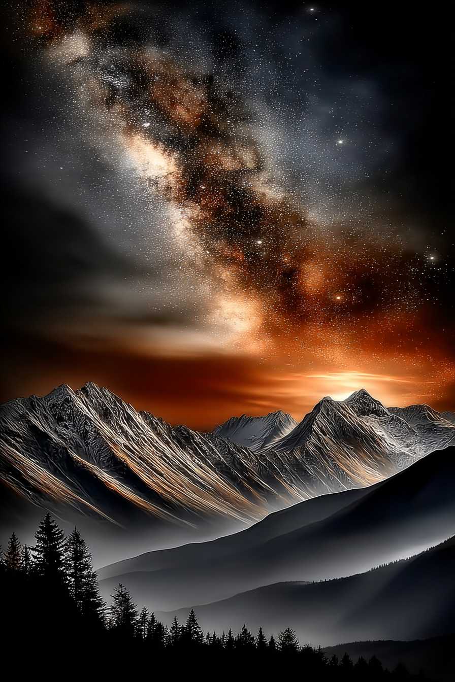 AI-generated image: Surreal cosmic landscape of snow-covered mountains beneath the glowing Milky Way, radiant galactic core lighting the hor...