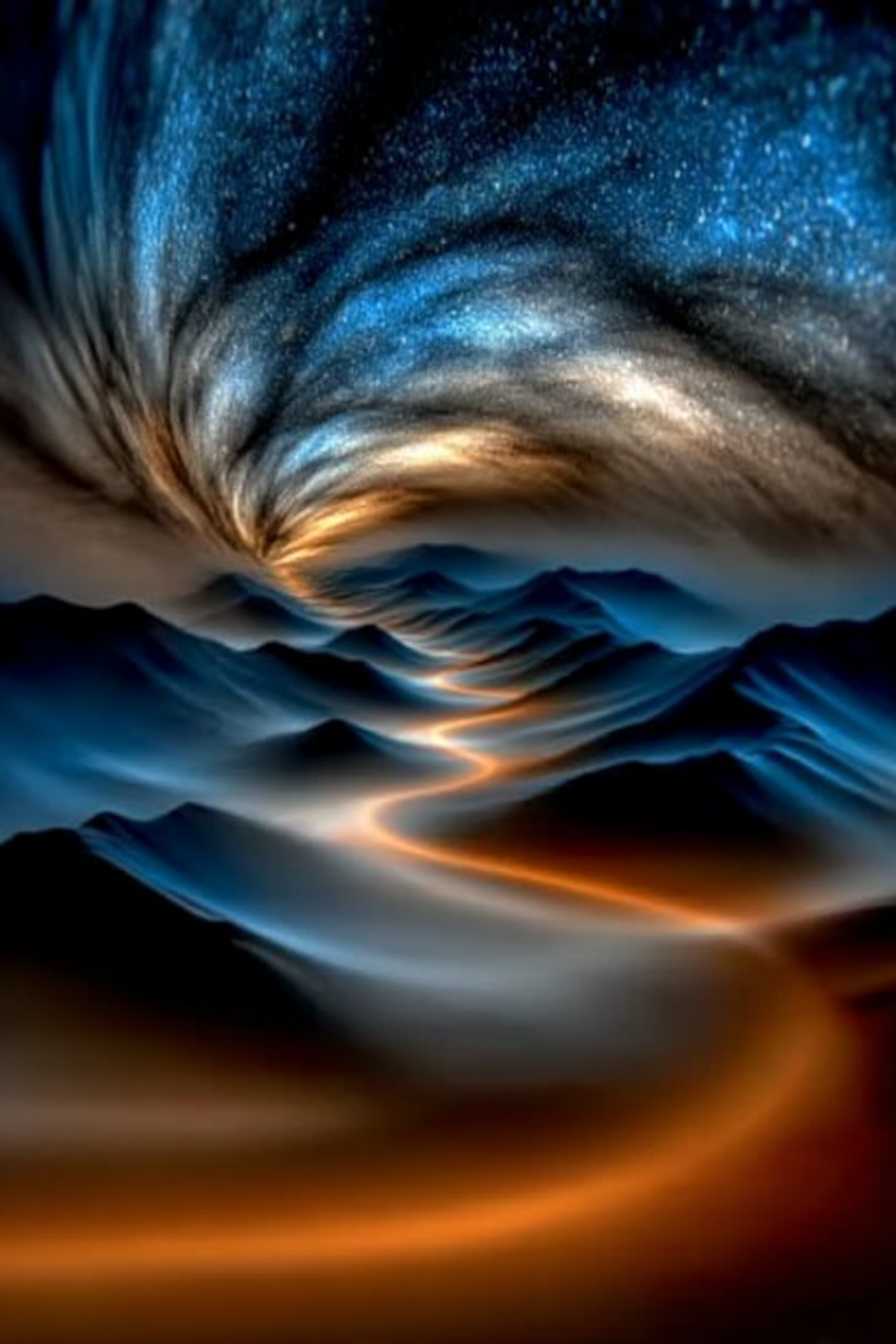 AI-generated image: Surreal cosmic dreamscape with glowing golden river flowing through misty blue mountains beneath a swirling star-filled ...