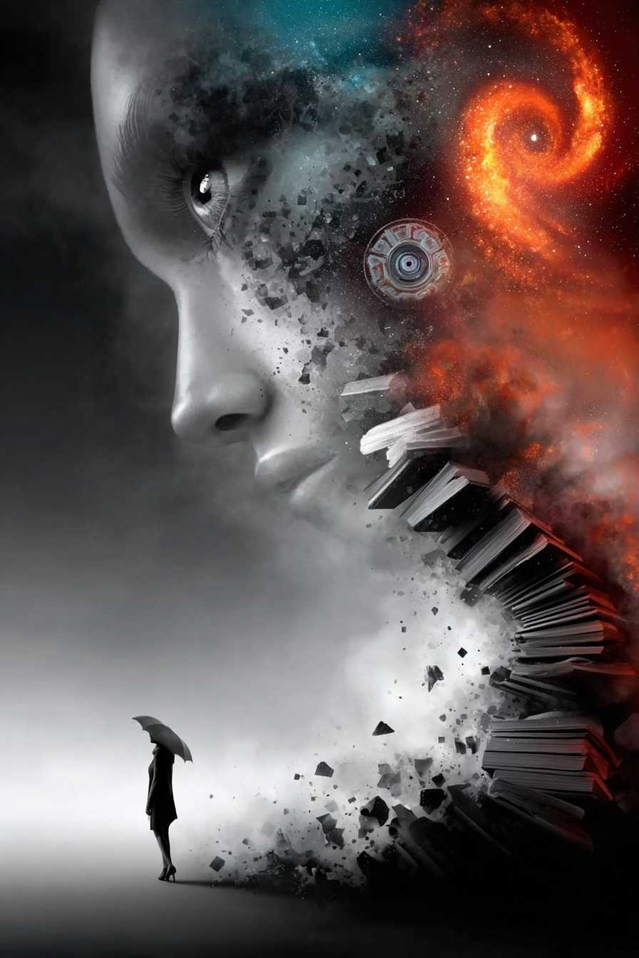AI-generated image: Surreal fragmented portrait dissolving into galaxies, books, and shattered debris, cosmic fire spiral glowing against gr...
