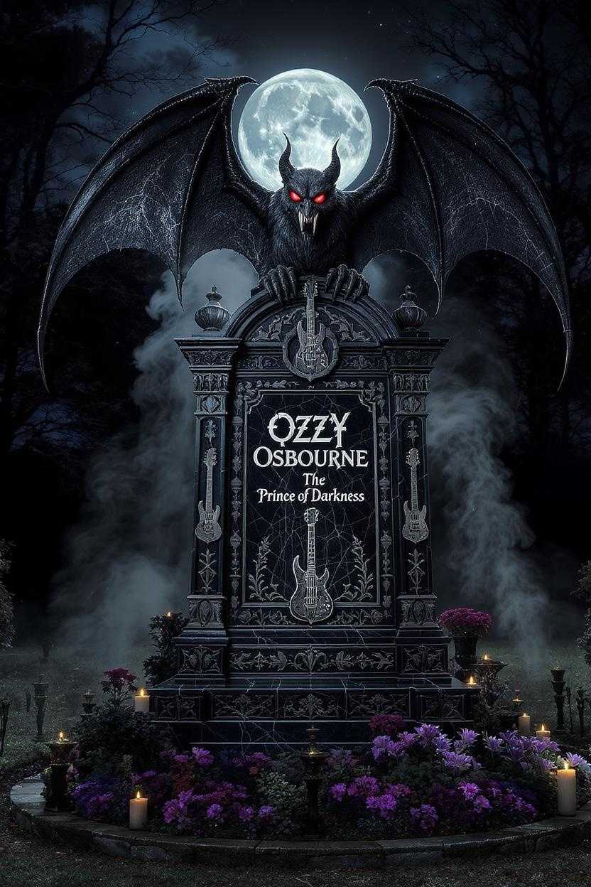 AI-generated image: Gothic tribute scene with demonic bat perched on a dark tombstone under glowing full moon, sharp gothic engravings with ...