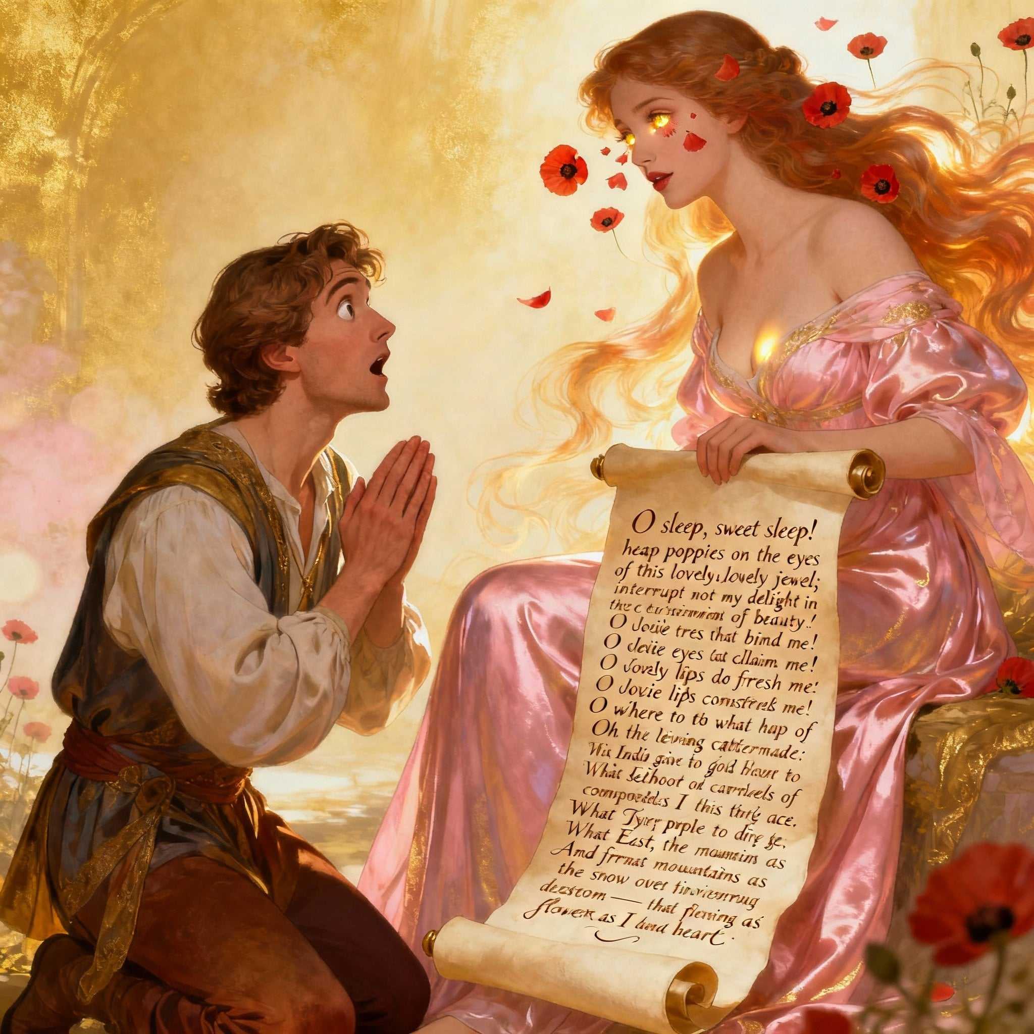 AI-generated image: In astonishment he cried, "O sleep, sweet sleep! heap poppies on the eyes of this lovely jewel; interrupt not my delight...