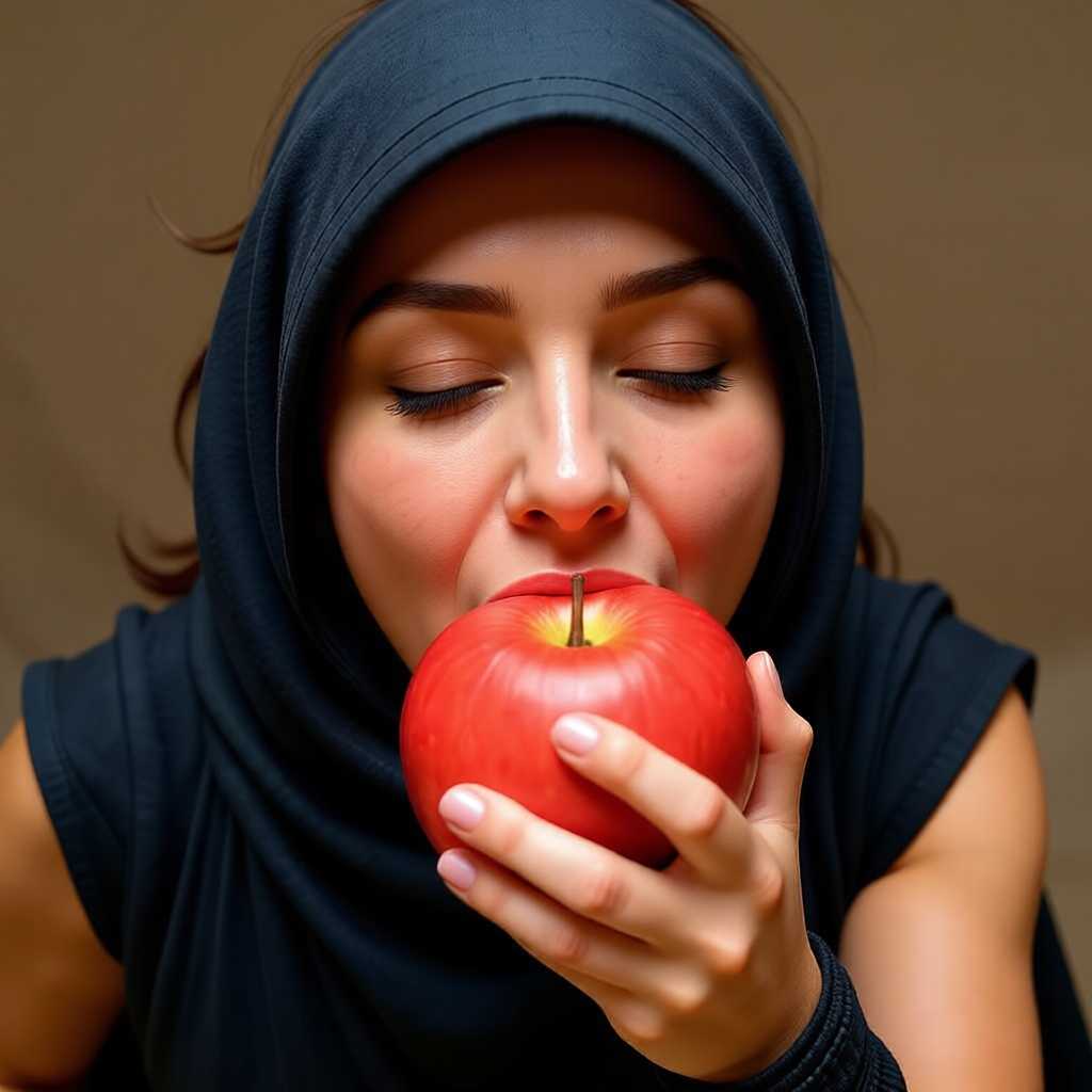AI-generated image: Hooded Woman Bites the Apple