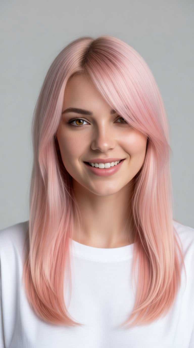 AI-generated image: photorealistic half upper-body portrait of a young woman with long pastel pink hair, soft cotton-candy pink tones with s...