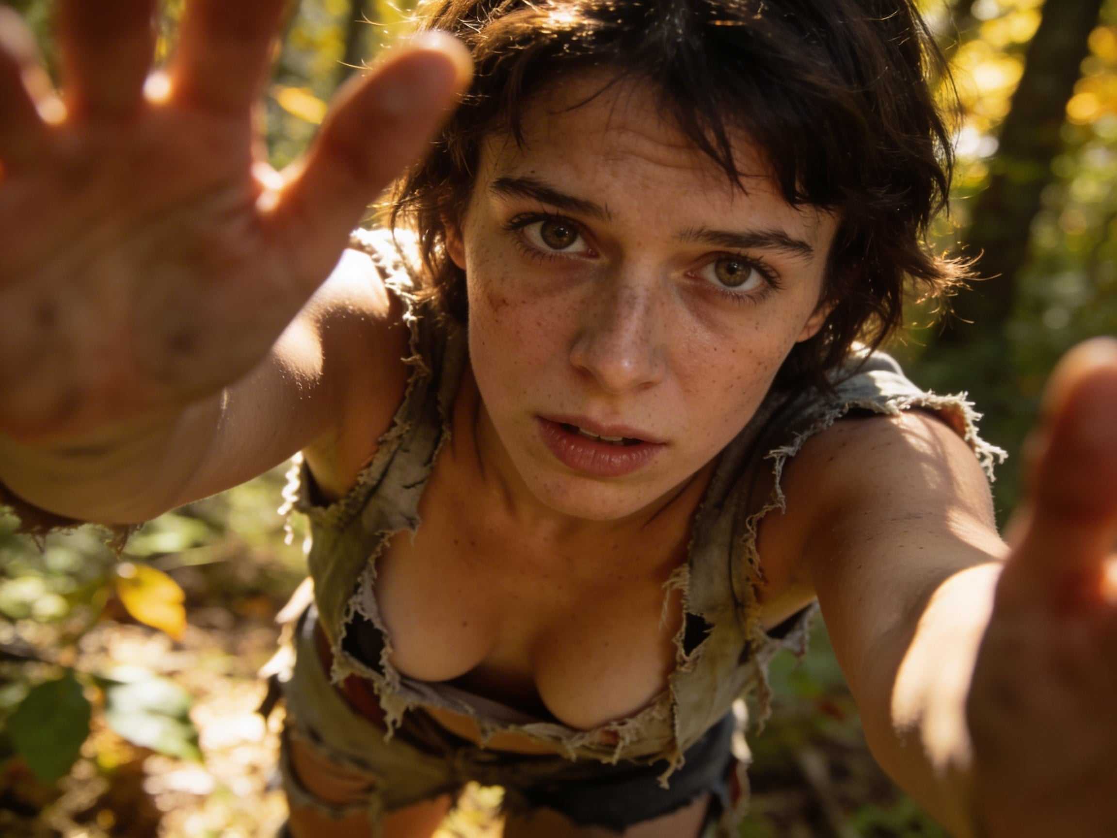 AI-generated image: pov shot, I took a photo of a short super cute adult homeless brunette caucasian woman in the forest, she is looking at ...