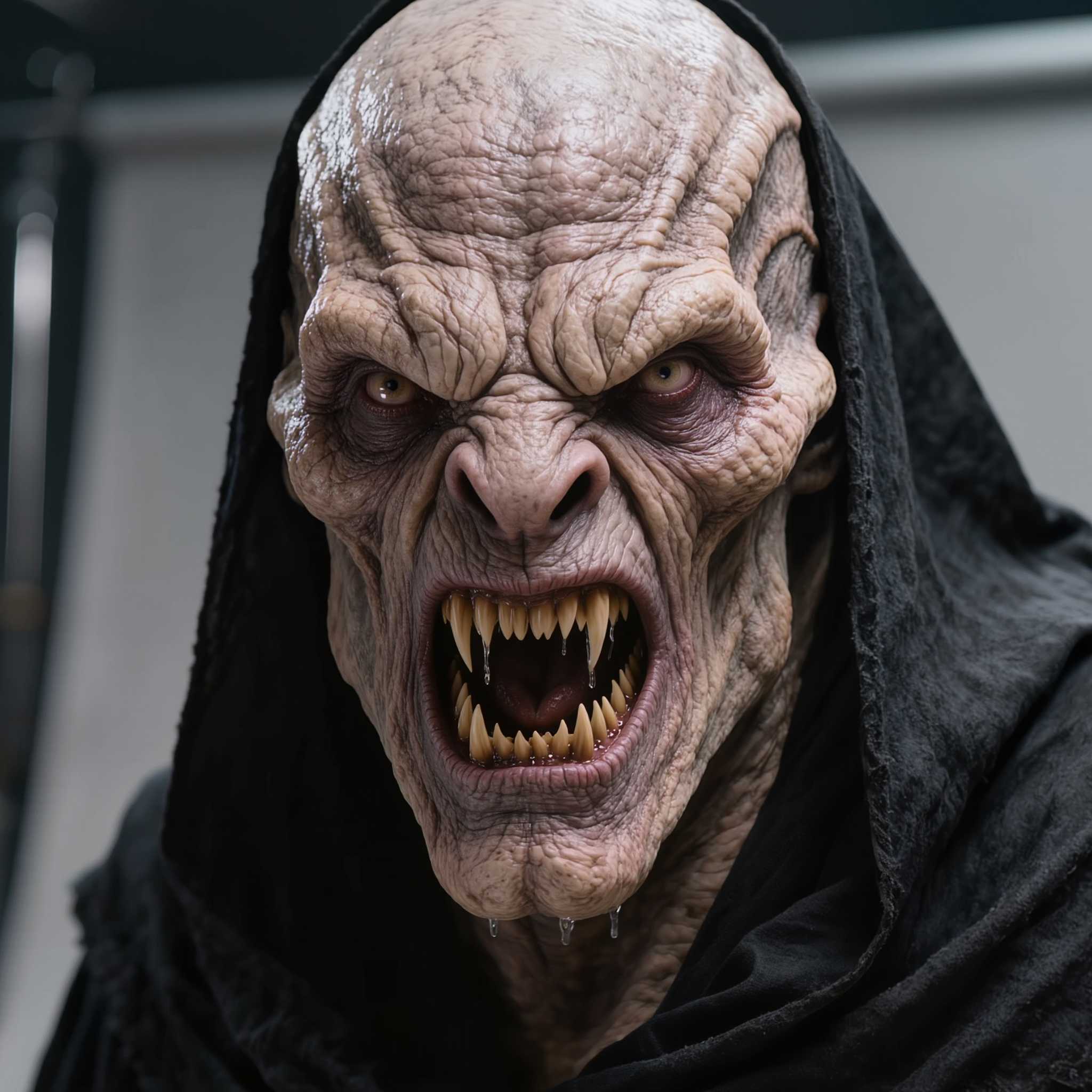 AI-generated image: hyper-realistic close-up portrait of a menacing bald alien humanoid creature with pale, fleshy, wrinkled skin in a grote...