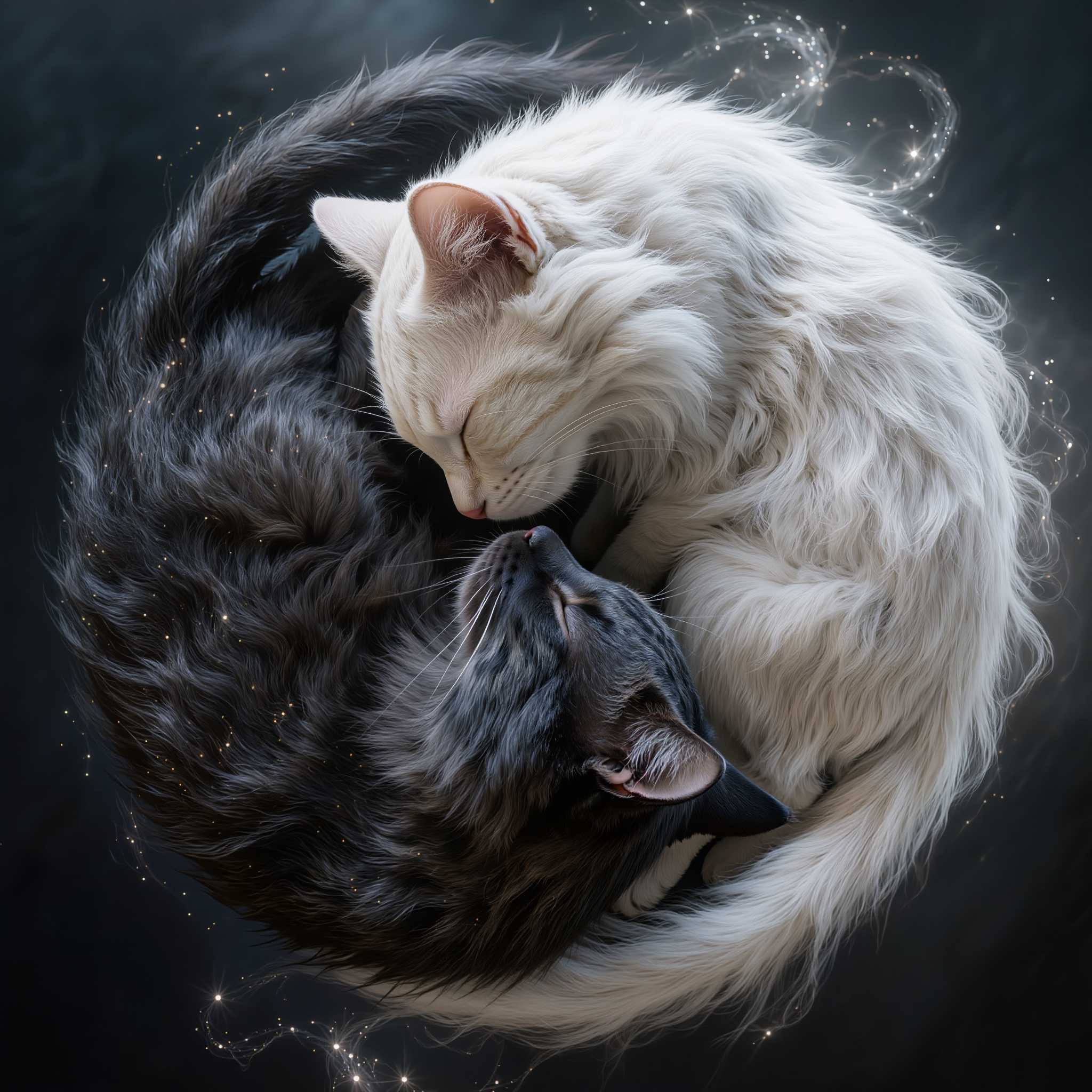 AI-generated image: A highly detailed digital artwork of two cats perfectly forming a Yin-Yang symbol, one sleek pure black cat representing...