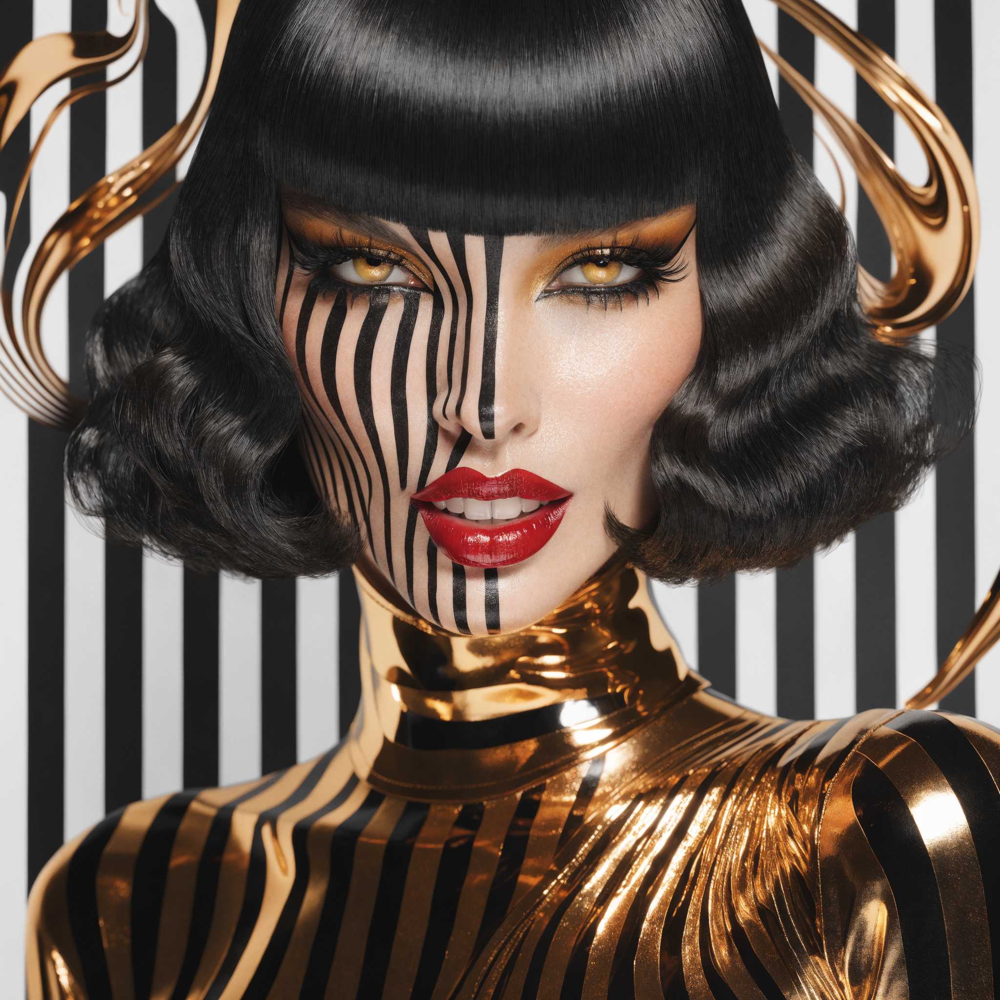 AI-generated image: A highly detailed, photorealistic close-up portrait of a glamorous young woman with striking cat-like features, sharp ja...