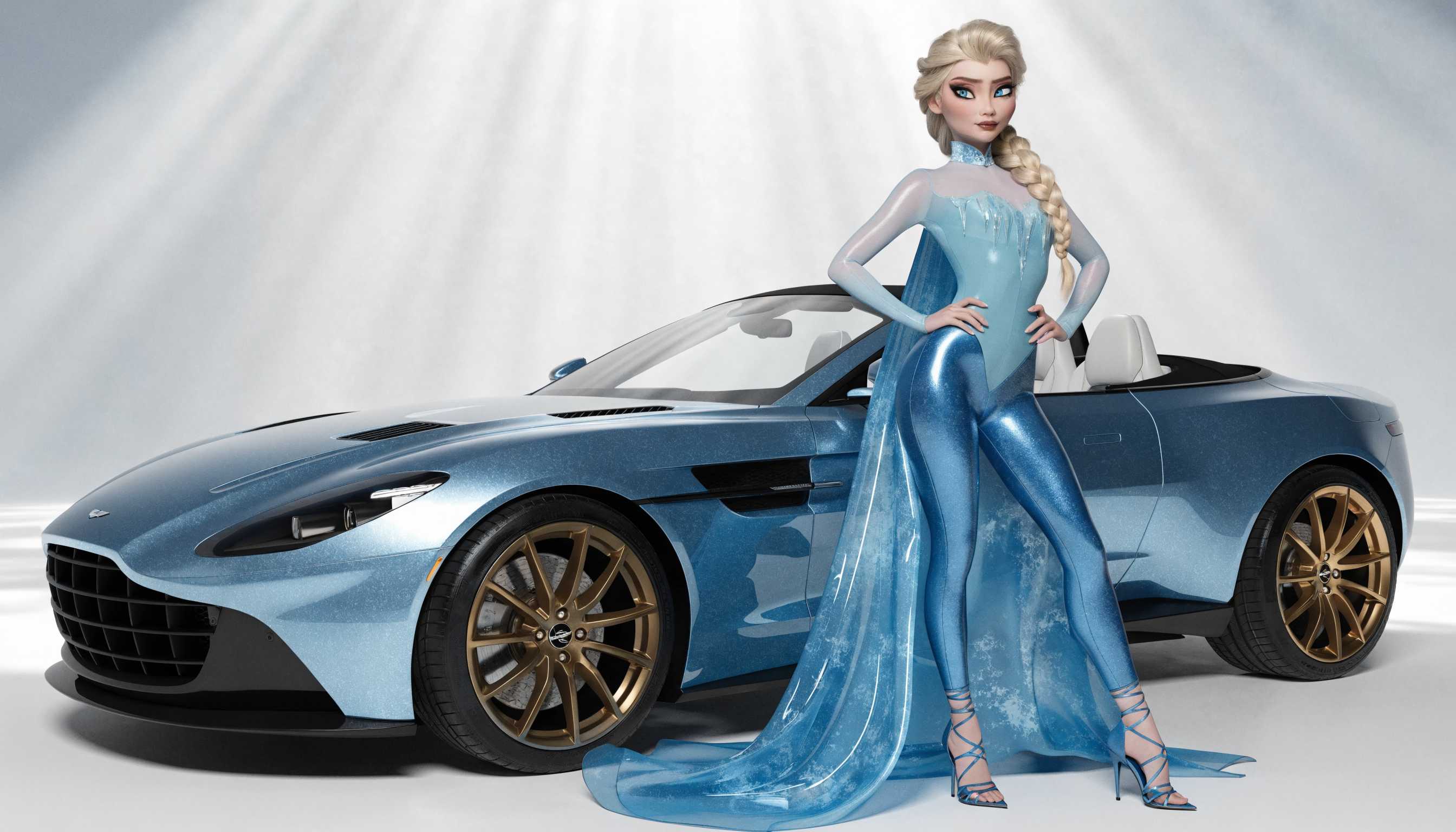 AI-generated image: A hyper-realistic CGI render of a stunning, seductive Elsa from Frozen standing confidently beside a sleek light blue As...