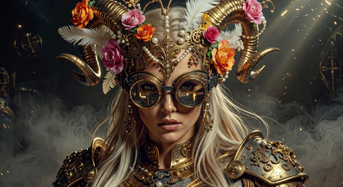 AI-generated image: A highly detailed close-up portrait of a fierce female warrior in steampunk cyberpunk style, intricate golden headdress ...
