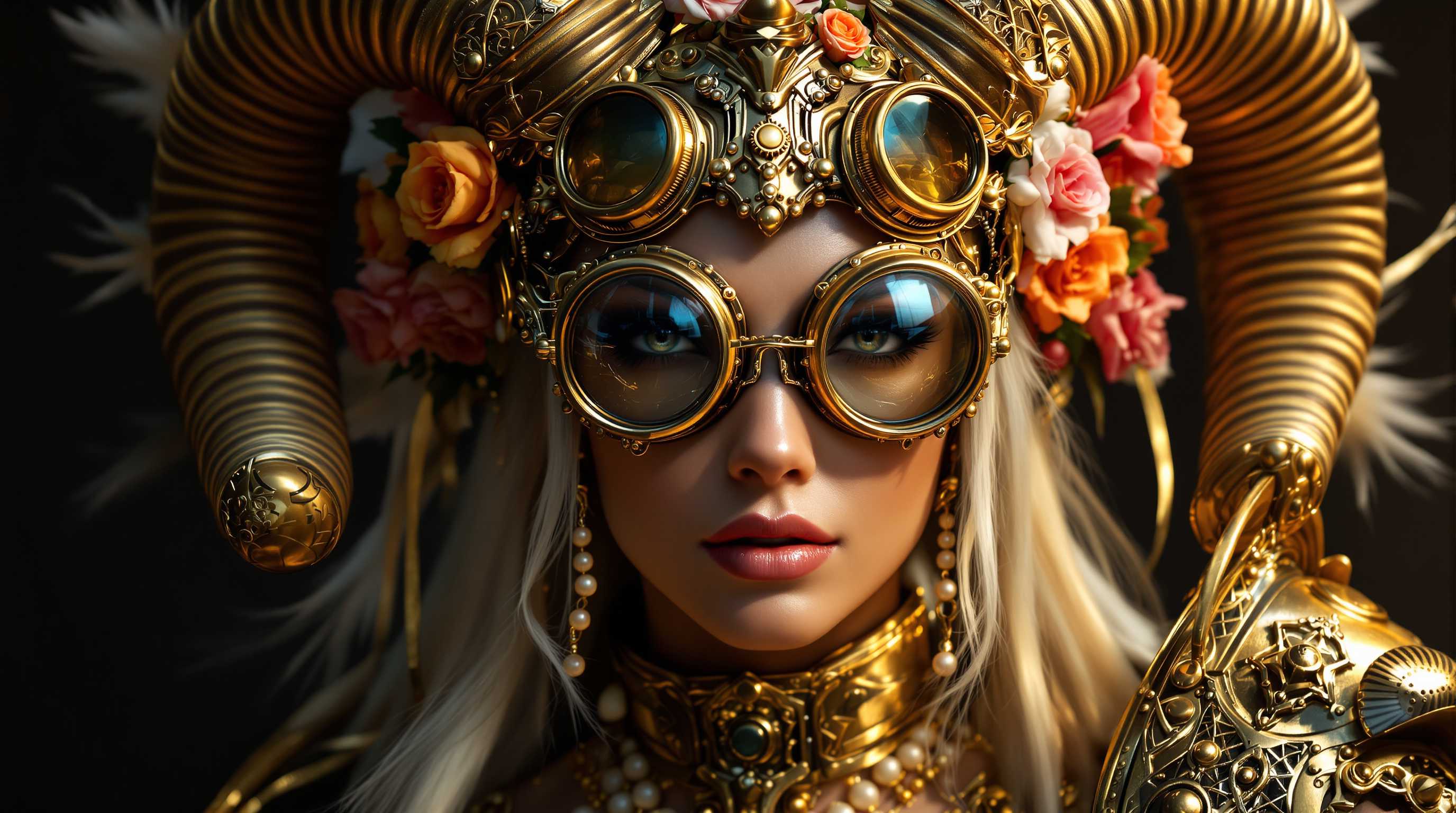 AI-generated image: A highly detailed close-up portrait of a fierce female warrior in steampunk cyberpunk style, intricate golden headdress ...