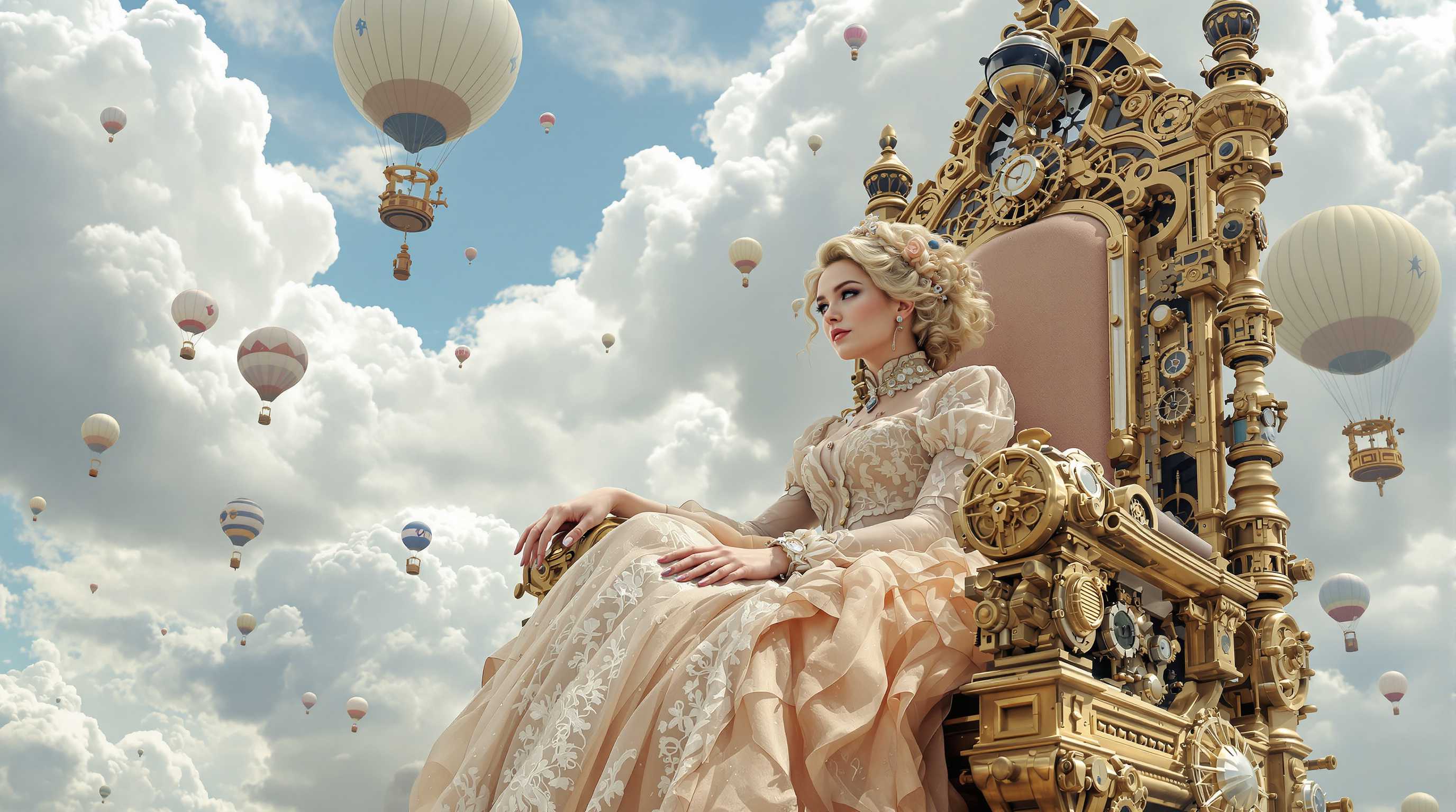 AI-generated image: A majestic young woman with voluminous blonde curls cascading around her face, pale porcelain skin, piercing blue eyes, ...