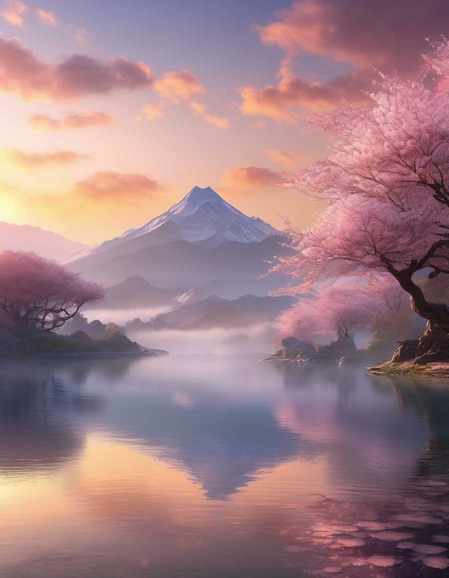 AI-generated image: Epic fantasy landscape at sunrise: misty mountains, crystal clear lake reflecting the sky, ancient cherry blossom trees ...