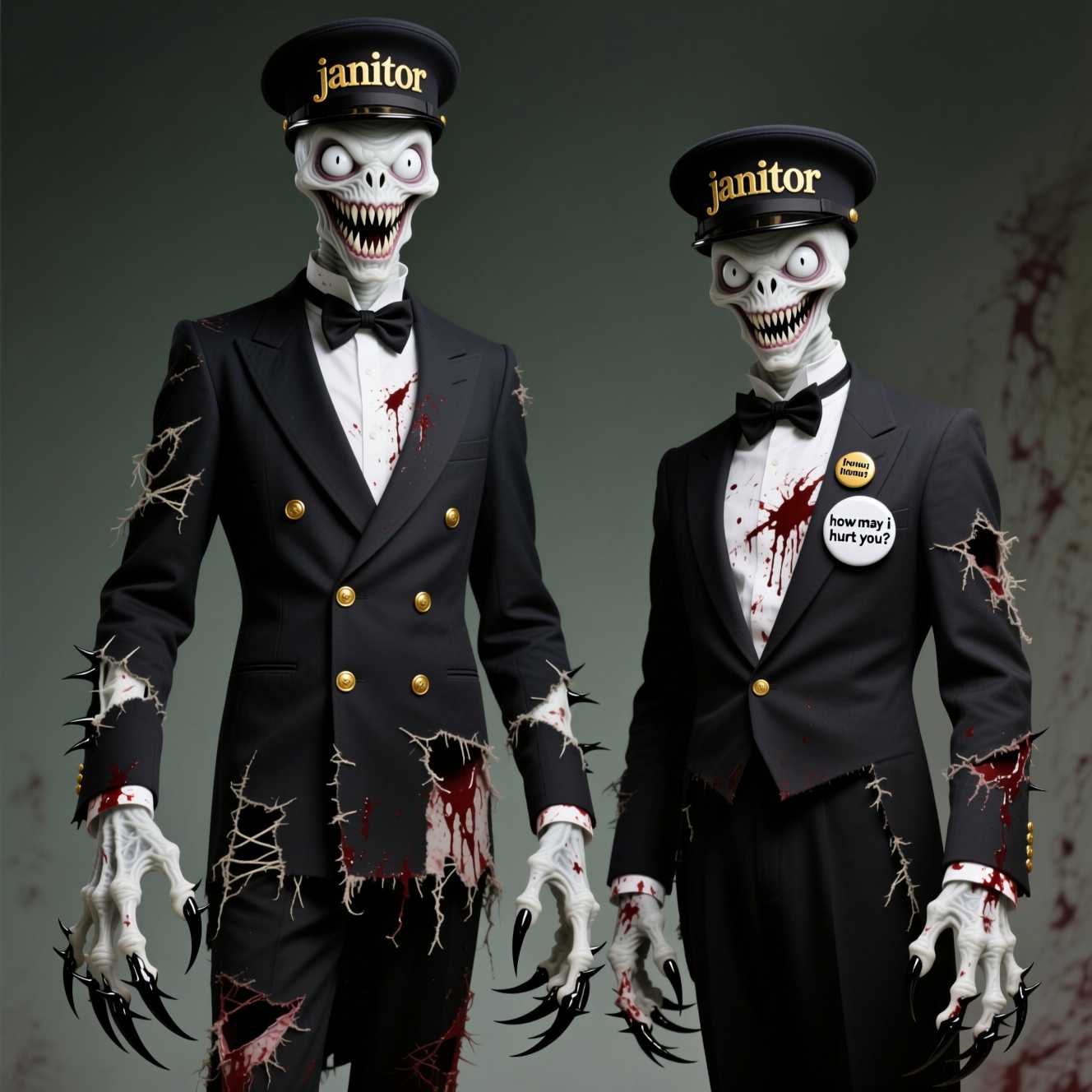 AI-generated image: Skeletal Janitors in Bloodied Suits