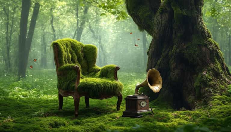 Enchanting Mosscovered Chair and Gramophone in a Mystical Forest