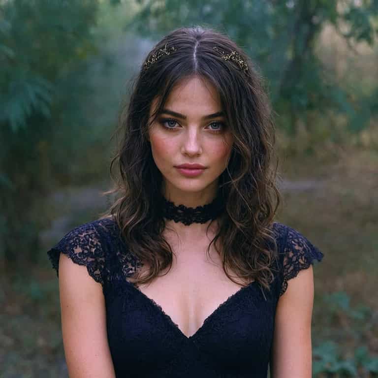 Woman in a black dress with a lace top and a black bow around her neck.