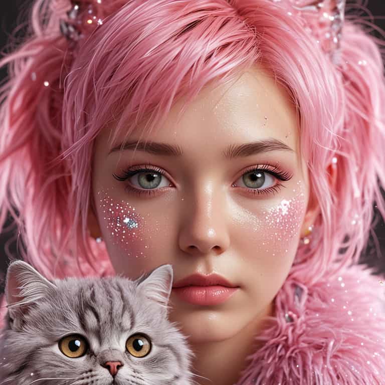 Enchanting portrait of a pink-haired individual with a fluffy grey cat, both adorned in sparkling accessories.