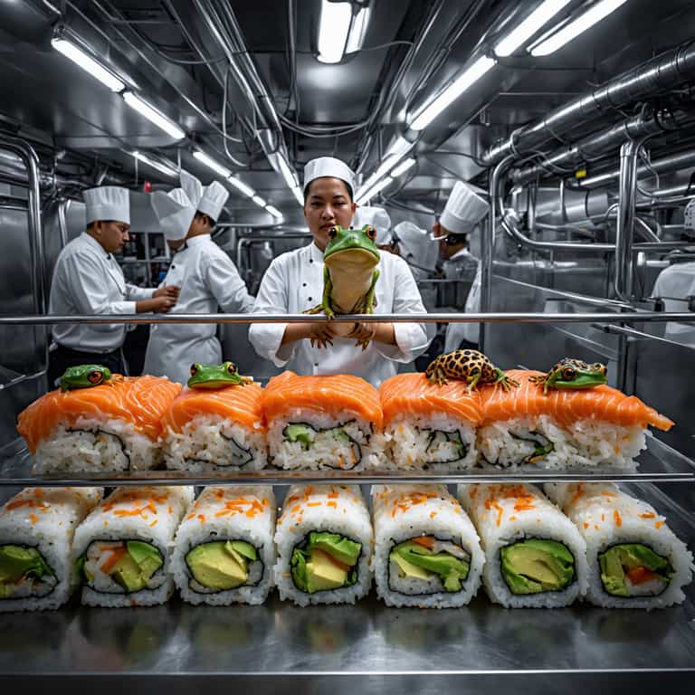 Artistic Sushi Presentation with Unusual Toppings in a Professional Kitchen