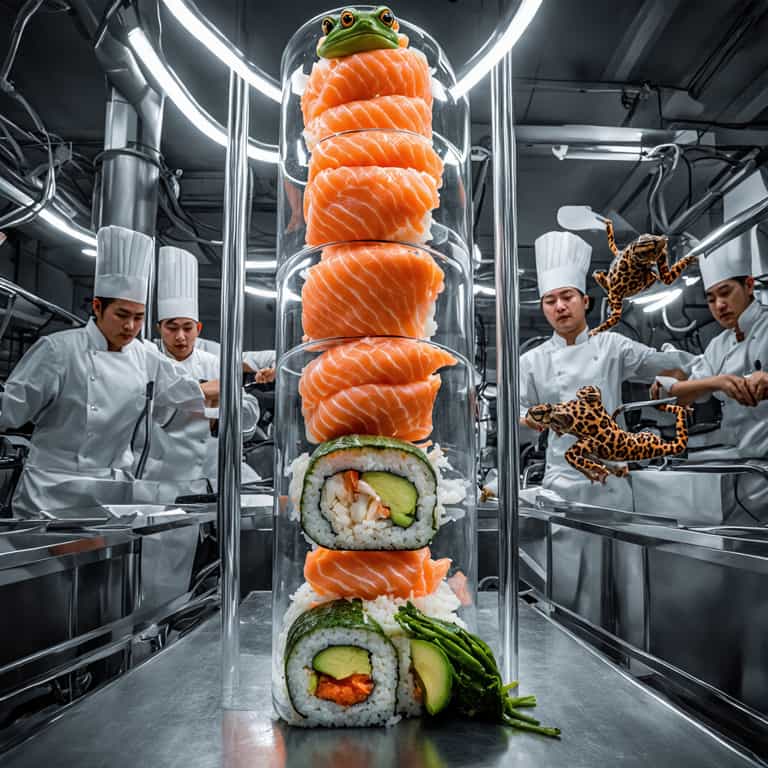 Artistic Sushi Tower with Chefs and Frogs in a Professional Kitchen