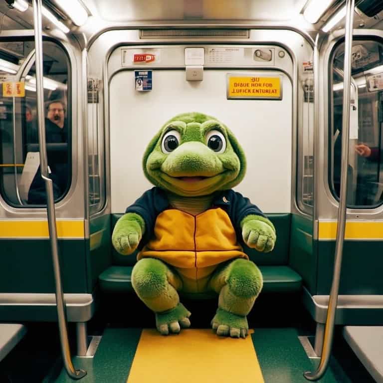 An animated turtle with a surprised expression riding a dirty subway.
