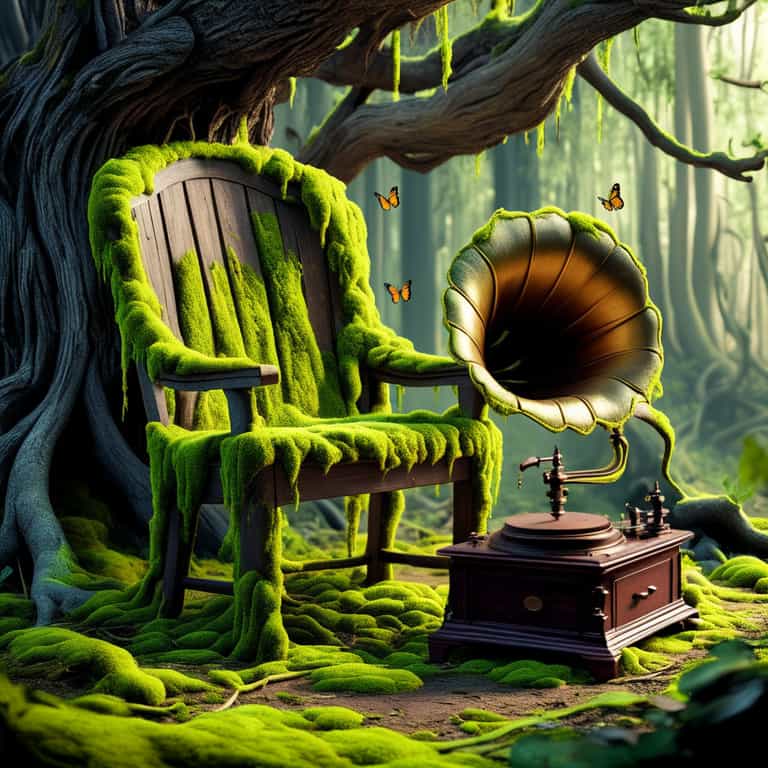 Enchanted Forest Mosscovered Chair and Gramophone