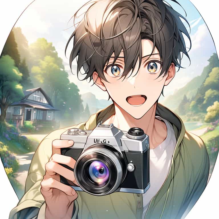 Anime Boy with Camera in a Sunlit Landscape