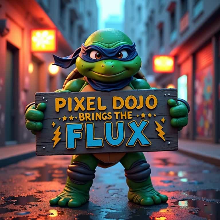 Teenage Mutant Ninja Turtle Holds Pixel Dojo Brings the Flux Sign