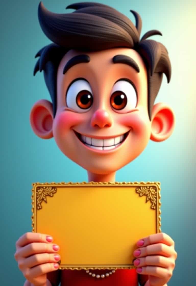 Cheerful Cartoon Character with Golden Sign