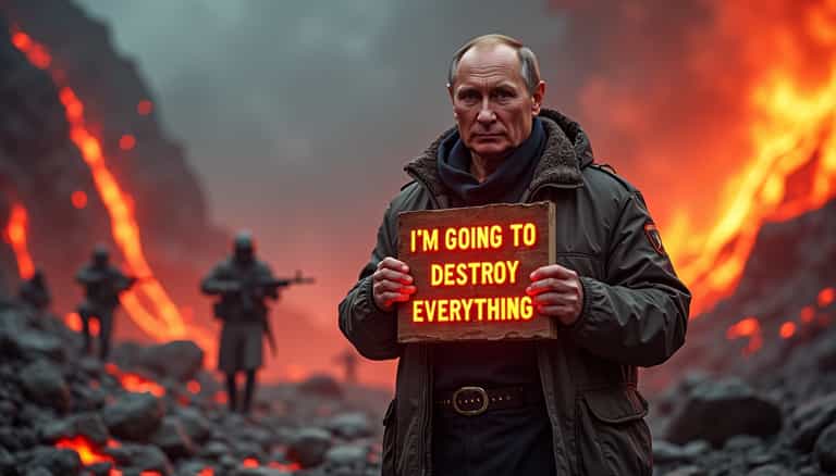 Putin Amidst Volcanic Catastrophe Holds Sign Threatening Destruction
