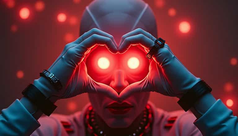 Robotic Entity with Heart Gesture and Red Eyes, Cyberpunk Aesthetic