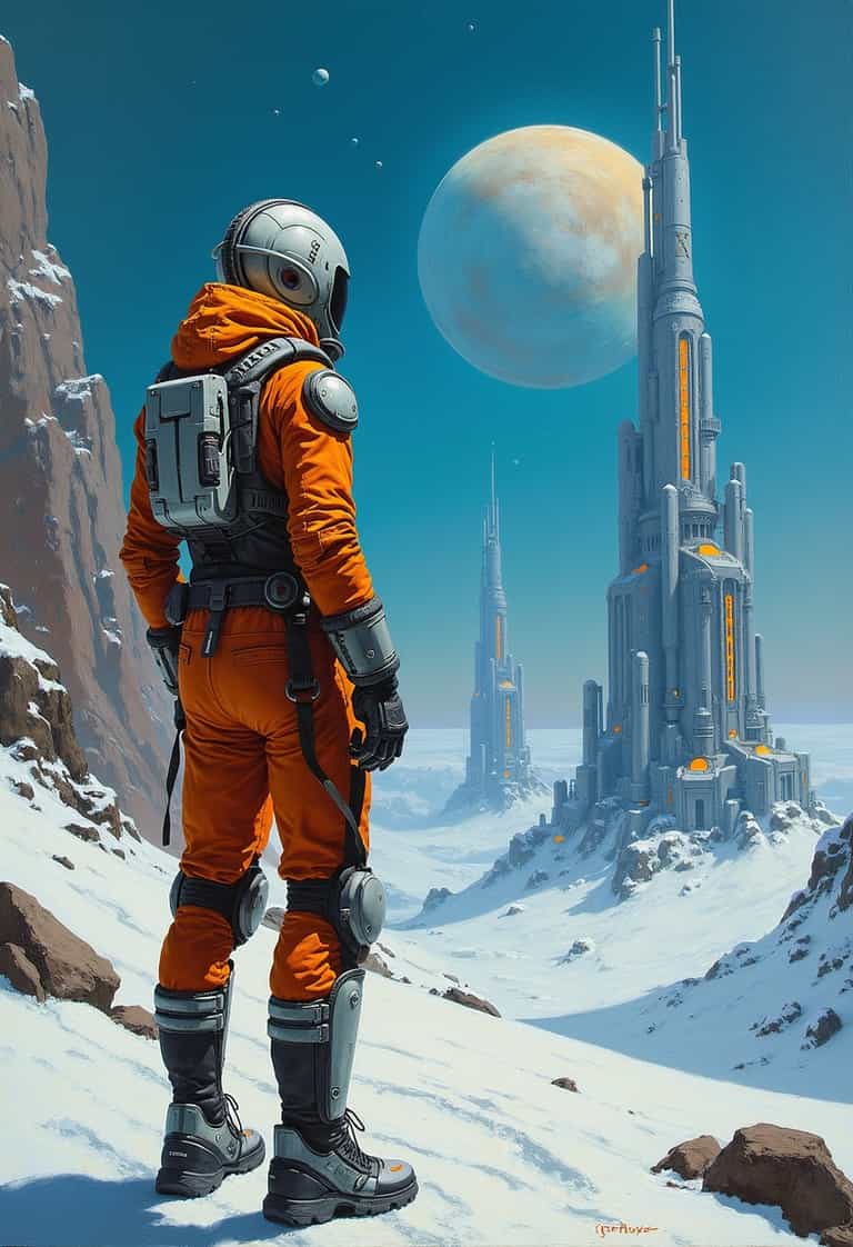 Astronaut in futuristic orange suit contemplates towering space structures on snowy alien planet