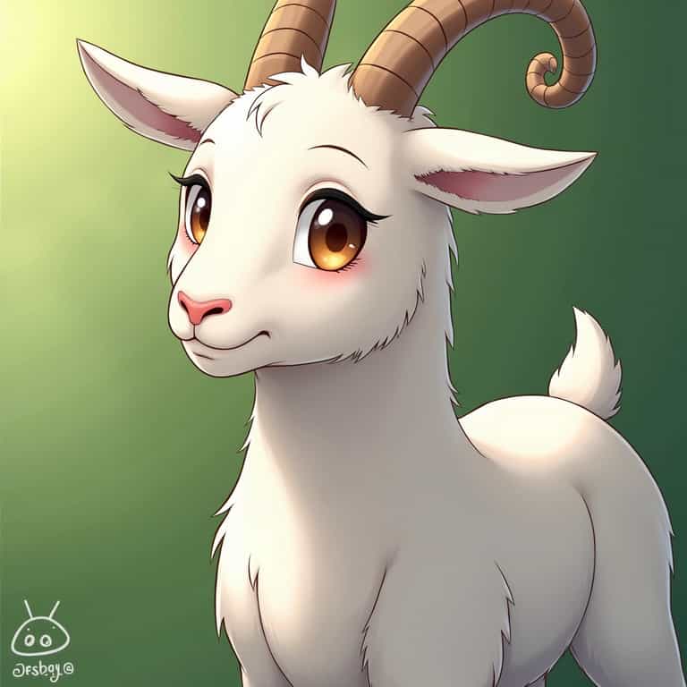 Adorable Cartoon Goat with Big, Expressive Eyes and Curly Horns