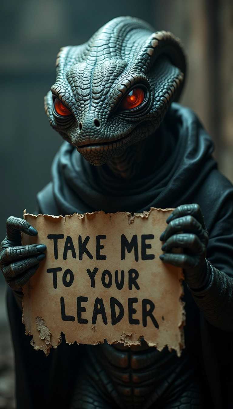 Alien with Take Me to Your Leader Sign