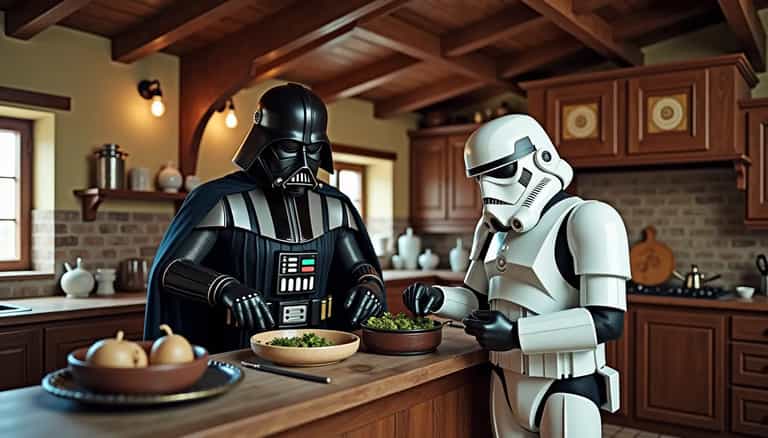 Star Wars Characters Darth Vader and Stormtrooper Cooking in a Home Kitchen