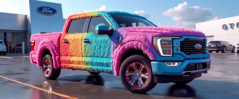 Rainbow Fluffy Ford Truck A Pop of Color at the Car Dealership