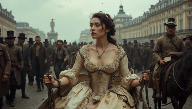 An intense historical drama scene unfolds with a woman in the foreground, dressed in a period gown, amidst a crowd of onlookers