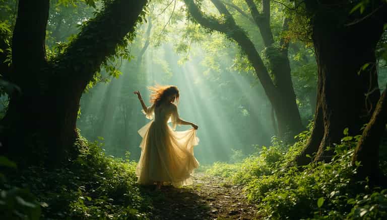 AI-generated image: A captivating scene of Kate Bush dancing gracefully in an enchanting, ivy-covered forest. The lush g