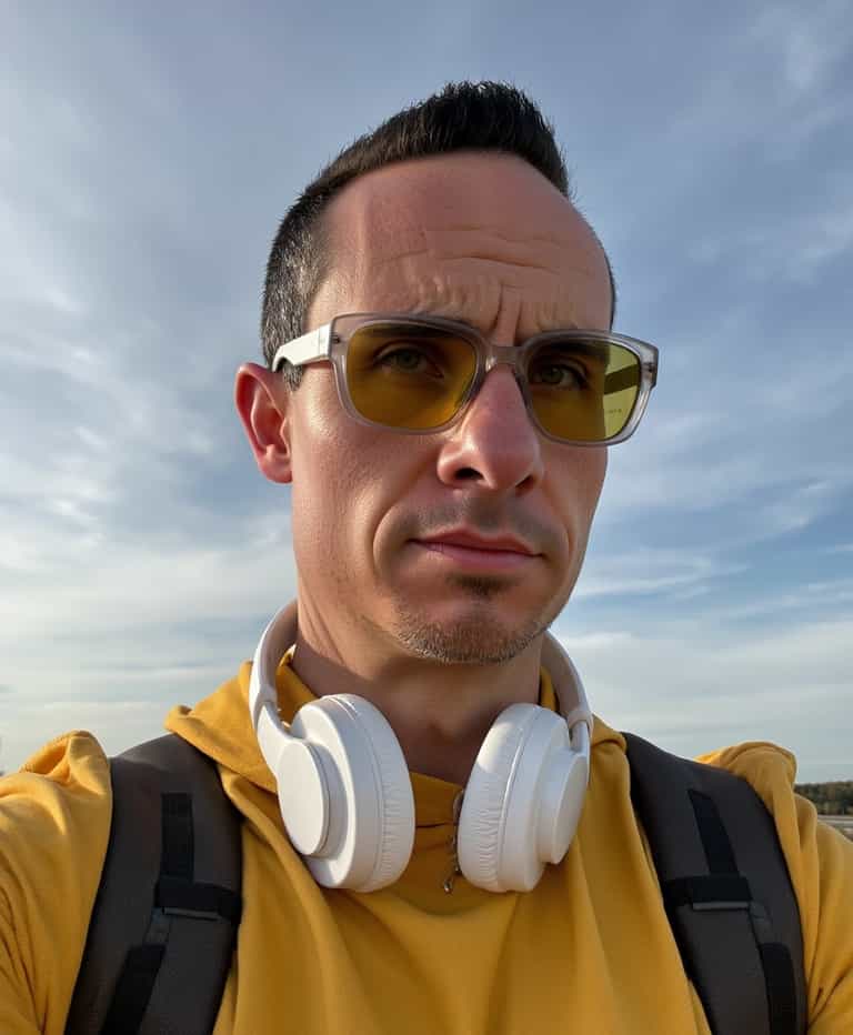 Man with Backpack and Headphones Taking Selfie against Blue Sky