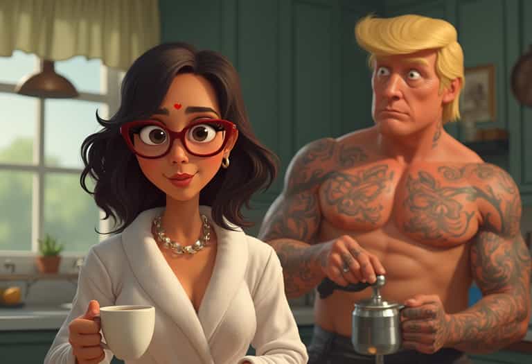 Contrasting Roles A Tattooed Man and a Stylish Woman in a Domestic Kitchen