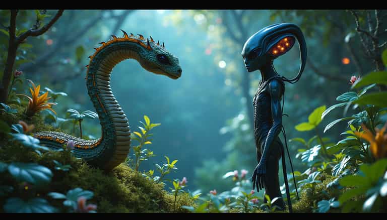 Enigmatic Forest Encounters Alien and Serpent in a Mesmerizing Mythical tableau