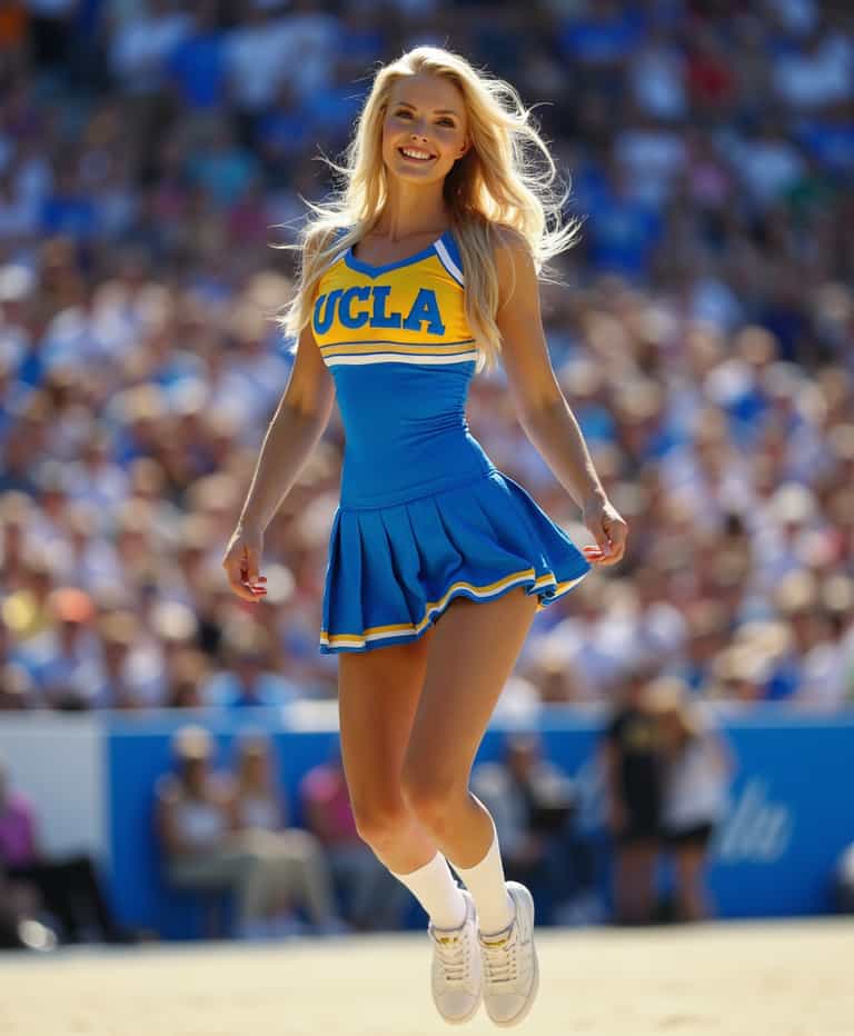 Cheerleader in UCLA uniform performing at a sports event