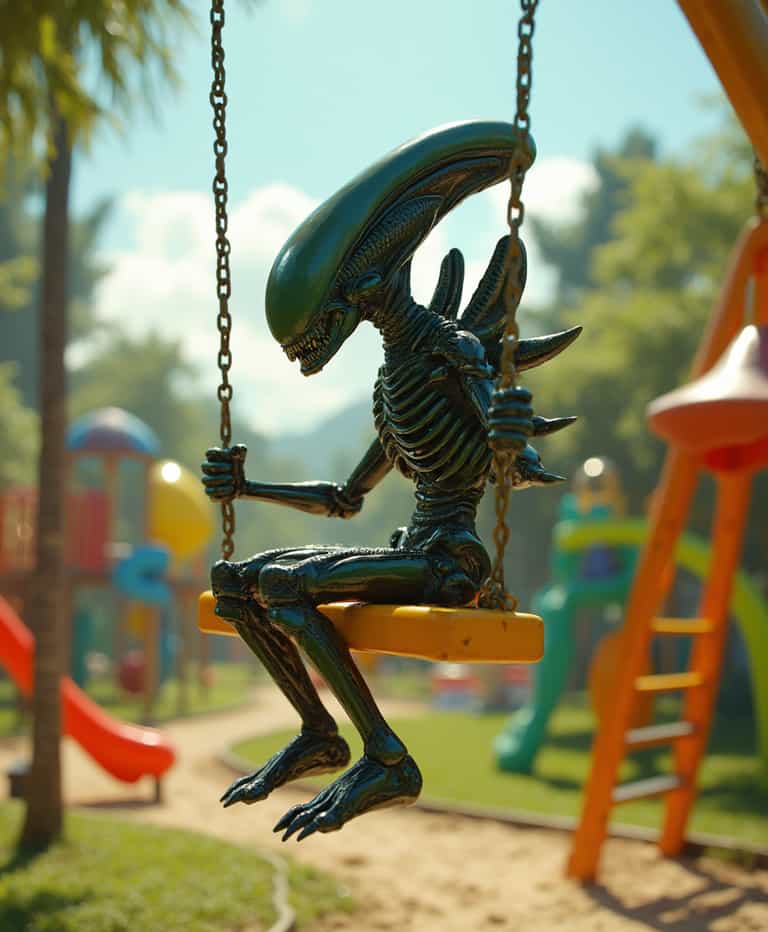 Alien Action Figure on Swing at a Playground