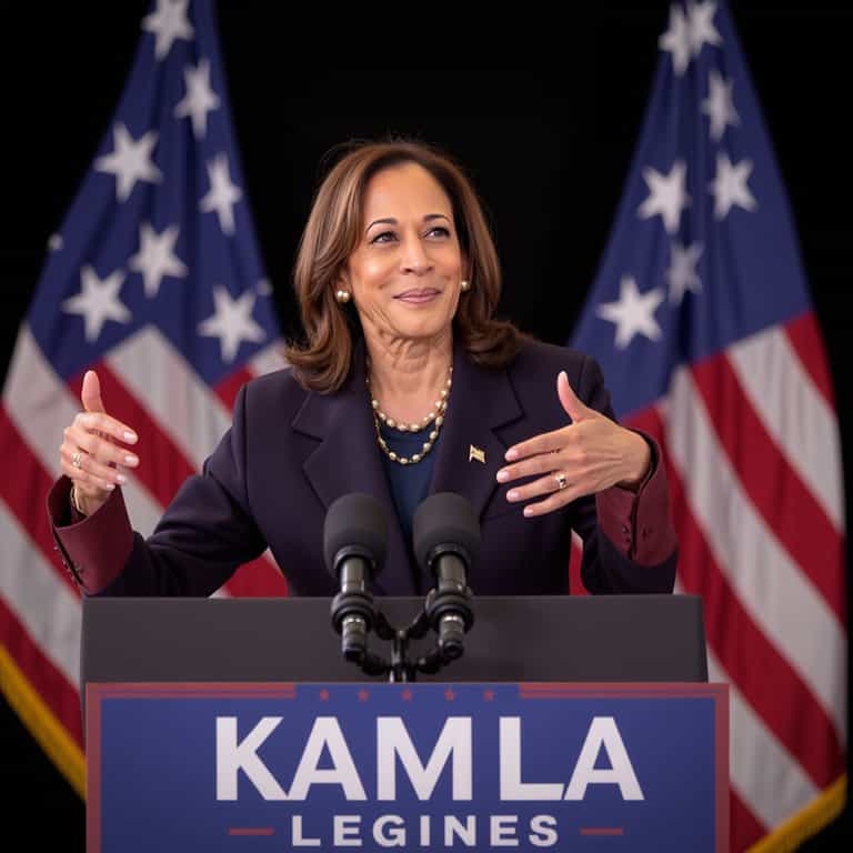 Kamala Harris at a podium with American flags in the background