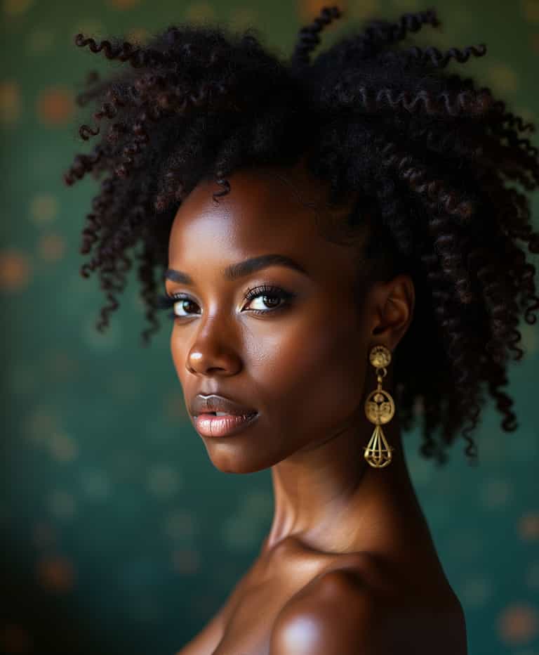 Portrait of a Black Woman with Luxurious Curly Hair and Statement Earrings
