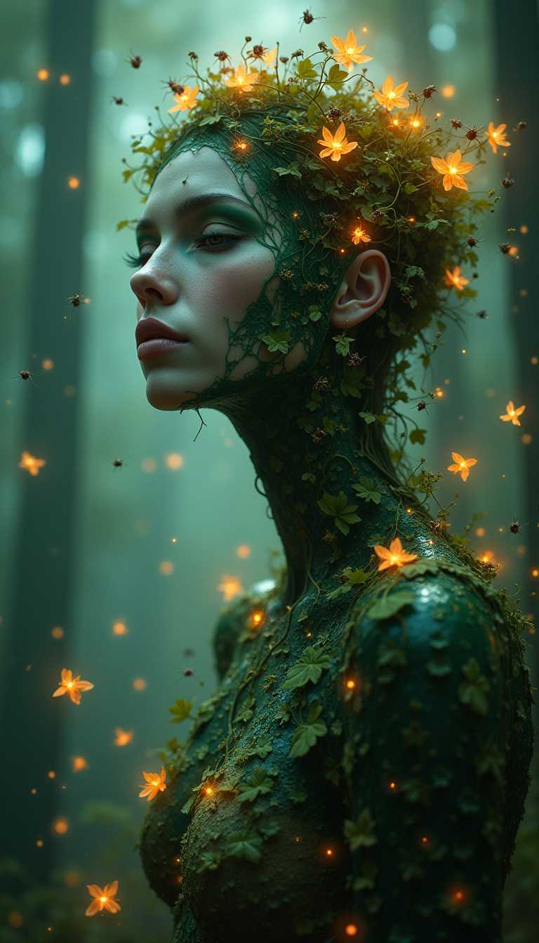 Enchanting Forest Nymph with Floral Crown and Glowing Fireflies